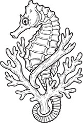 Detailed black and white line drawing of a seahorse entwined with coral