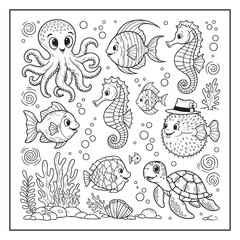 Cute cartoon underwater sea creatures including octopus fish seahorse pufferfish and turtle in black and white