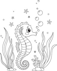 Whimsical outline drawing of a cute seahorse with big eyes surrounded by seaweed and bubbles