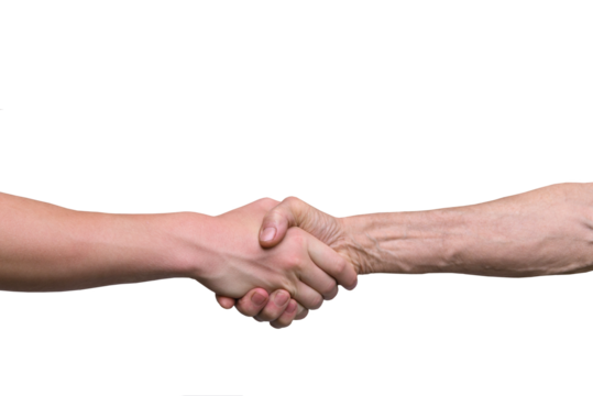 handshake between caucasian adult and young man, greet each other, demonstrate multi-age relationship. Shaking hands. PNG isolated on transparent background	
