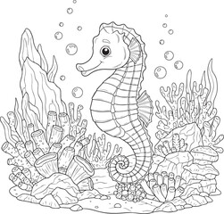 Fototapeta premium Whimsical illustration of a seahorse surrounded by detailed underwater coral and bubbles