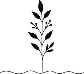 Cad drawing flat vector illustration of minimalist plant silhouette, botanical design, leaf with buds, black and white ornamental art