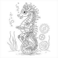 Detailed black and white illustration of a seahorse surrounded by aquatic plants and bubbles