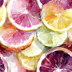 a seamless pattern of citrus slices arranged in a circular, layered design, rich saturated colors, soft watercolor texture
