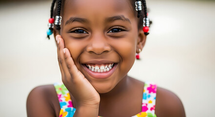 Close up portrait of a happy young African American girl with a bright smile and braided hair adorned with colorful beads, her hand gently resting on her cheek