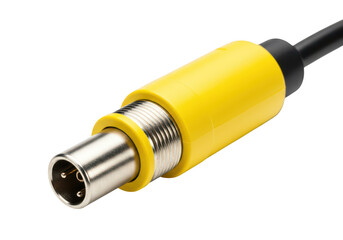 Close up of a yellow connector with cable, electrical component isolated on transparent background