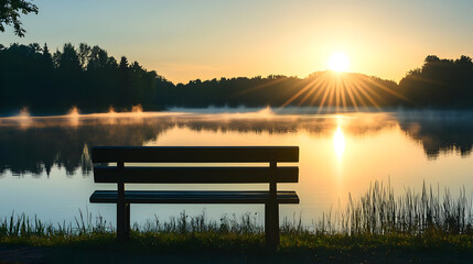 Serene sunrise over a still lake, with a park bench at the water's edge. Misty morning light reflects on the water's surface. Lush trees line the shoreline, creating a peaceful ambiance