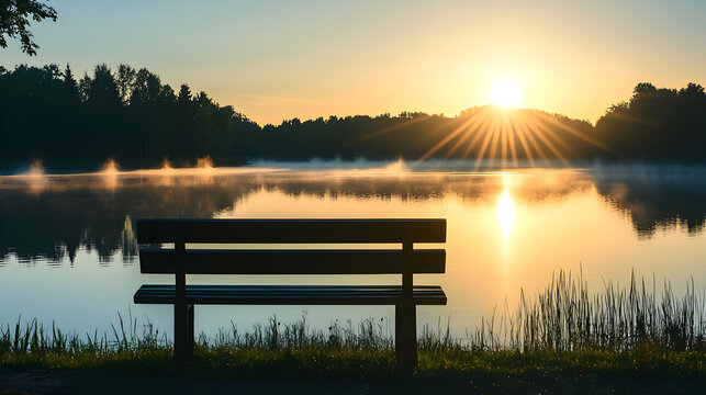 Serene sunrise over a still lake, with a park bench at the water's edge. Misty morning light reflects on the water's surface. Lush trees line the shoreline, creating a peaceful ambiance