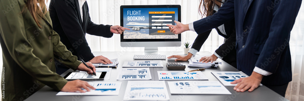 Poster panorama shot analyst team utilizing bi fintech to analyze financial report with laptop. businesspeo