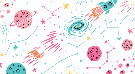Outer space vector scene with colorful rockets, stars, planets, and constellations, ideal for children’s learning, decor, and science topics