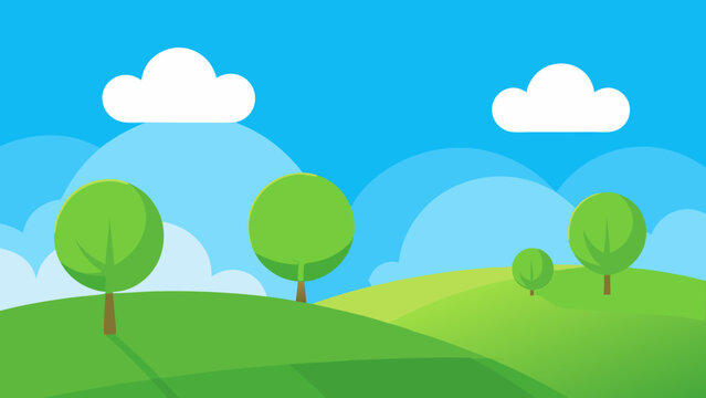 Inviting 2D cartoon illustration of a rolling green hills landscape