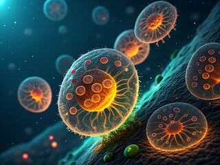 Glowing Microscopic Cells with Orange Centers biology