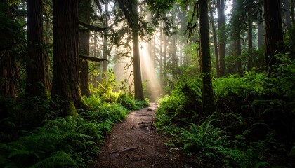 Obraz premium Hiking Trail Through Forest with Sunlight Streaming Through Trees