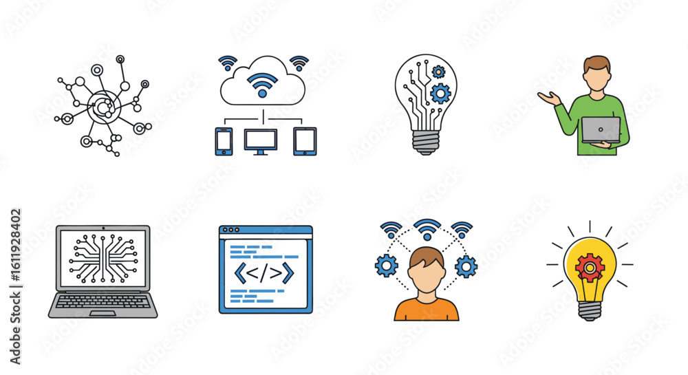Poster illustration showing technology concepts including networking cloud computing and software developme