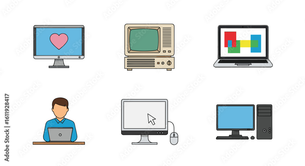 Poster illustration of various computer types including desktop laptop and vintage models in a grid layout