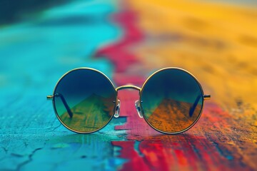 Round sunglasses reflecting a desert landscape rest on a vibrant, colorfully painted wood surface