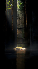 Sunbeams pierce a dark, ancient stone passageway, illuminating a tranquil pool.  Jungle vines drape the walls
