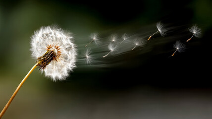 A dandelion head scatters many seeds that fly against a dark background.