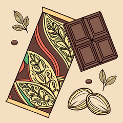 Chocolate Bar in Vibrant Wrapping with Colorful Cocoa Beans Illustration