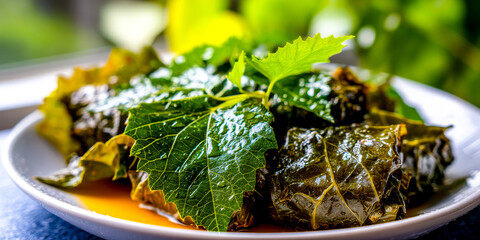 Vibrant green dolmades, tender grape leaves stuffed with meat, rice and herbs, resting on a white plate