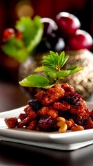 Sweet and sour chicken with dried cranberries and cashews, artfully plated on a white dish with a decorative plant and blurred background.