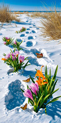 Footprints in snow with blooming crocus flowers and butterflies. Concept of the revival of life and the arrival of spring.