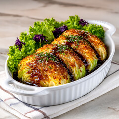 Roasted cabbage quarters with crispy breadcrumbs and sauce in a white baking dish.