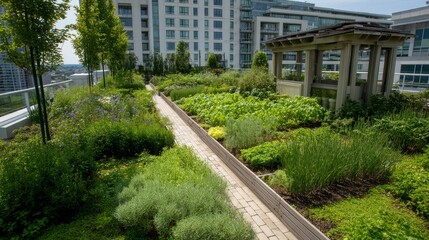 Obraz premium Urban rooftop garden with herbs and vegetables growing