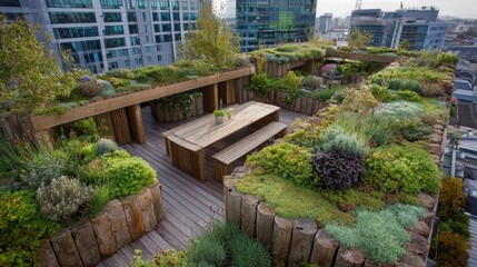 Obraz premium Urban rooftop garden with herbs and vegetables growing