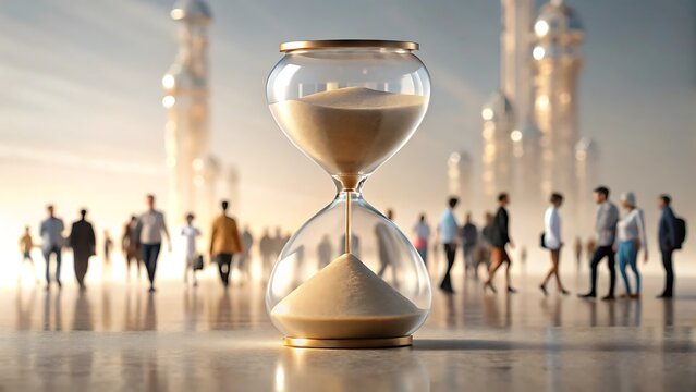 An hourglass with sand flowing, people walk in the background