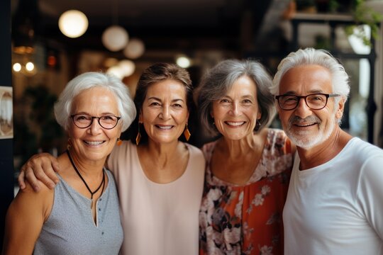 Four happy senior friends are enjoying time together at a cafe