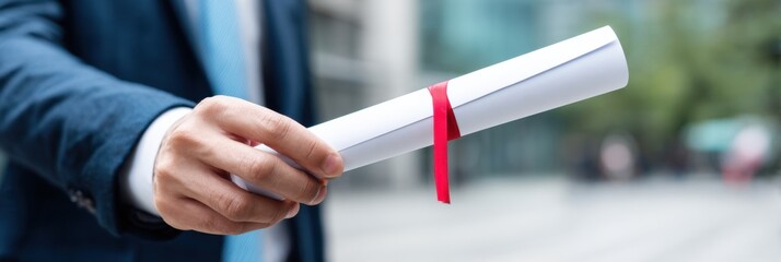 Fototapeta na wymiar Man Presenting Fake Diploma in Job Scam Outside Urban Building