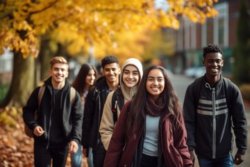 Group of cheerful multi ethnic students walking together on campus during a beautiful autumn day
