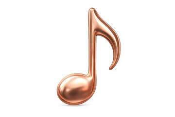 Shiny metallic copper eighth note on transparent background