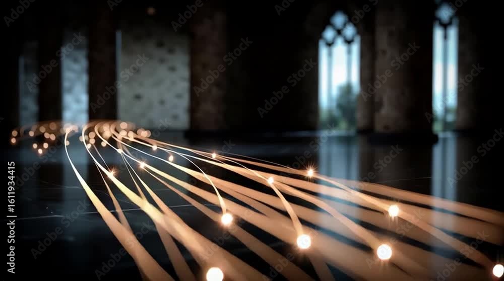 Poster flowing light trails illuminate a darkened interior space, creating a mesmerizing visual effect with