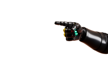 Robotic hand with colorful lights pointing right