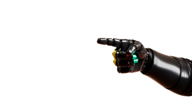 Robotic hand with colorful lights pointing right