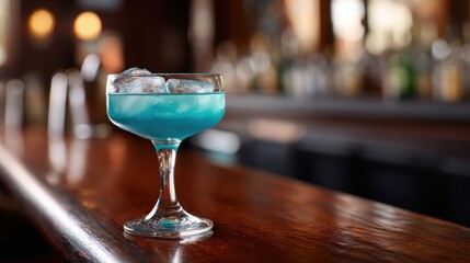 Icy blue cocktail on bar counter inviting summer refreshment and good times