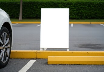 A blank sign in a parking lot with a car nearby