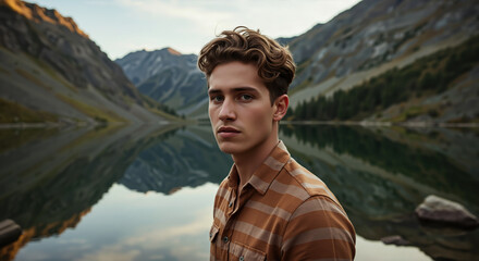 Young man with curly brown hair in plaid shirt against mountain landscape. Modern male grooming and hairstyle trends for barbershop services, hair styling products, salon marketing
