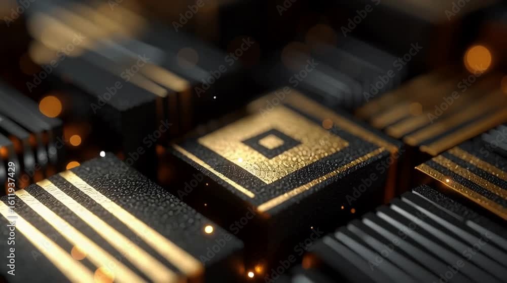 Poster abstract close-up of intricate black and gold geometric patterns, showcasing a modern design with te