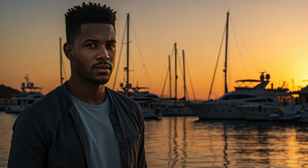 Fototapeta premium Man with short hair in navy shirt by marina during sunset. Evening lifestyle portrait for barbershop advertising, hair care products, styling services