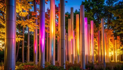 Fototapeta premium Illuminated Metal Columns in Garden at Dusk with Fall Colors