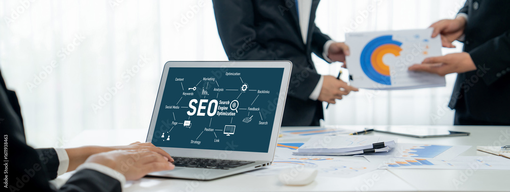Poster seo search engine optimization for brisk e-commerce and online retail business showing on computer s