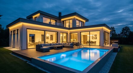 Fototapeta premium Luxurious Modern Home with Illuminated Pool