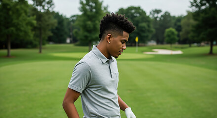 African American man with fade haircut playing golf on green course. Men's grooming and athletic styling services for sports and fitness lifestyle photography