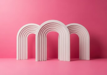 Fototapeta premium Three white geometric arches arranged against a pink background