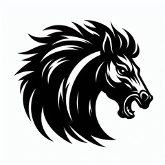 Fierce black horse head silhouette with wild mane and open mouth