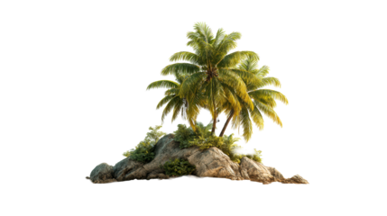 Palm trees on rocky island with tropical foliage in sunlight
