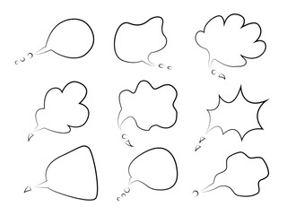 Set of hand-drawn speech and thought bubbles in doodle style. Blank cartoon comic elements for text, ideal for pop art, comics, graphic novels, and creative design projects